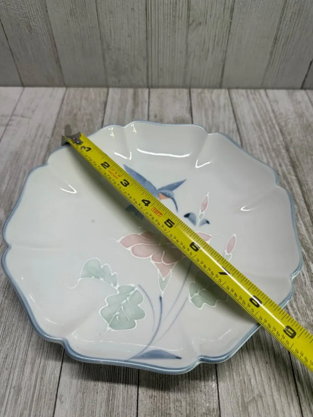 Vtg Otagiri Plate Octagonal Lotus & Hummingbird Design Blue Trim 8.5'' Japan